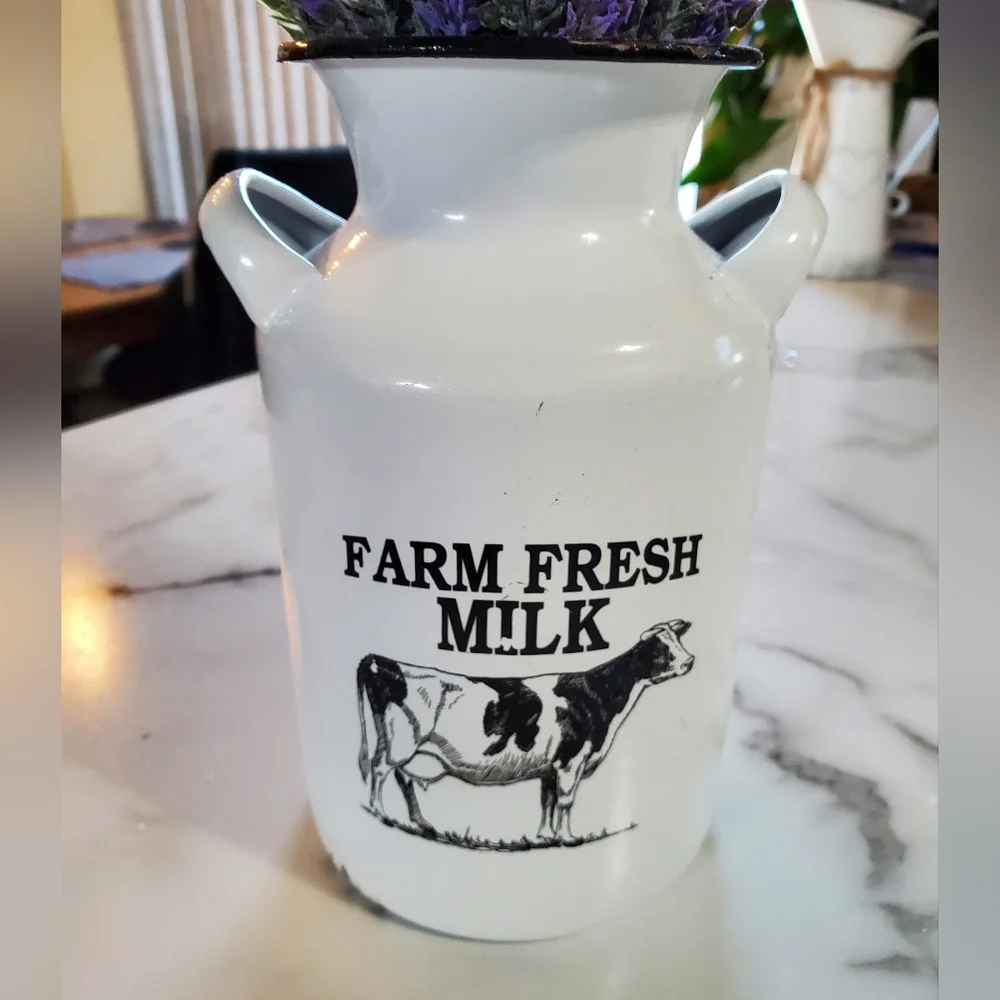 Lavender Artificial Flowers in Milk Jug Metal Vase